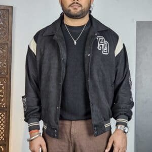 Roadster Casual Spread Collar Embroidered Black Varsity Jacket for Men