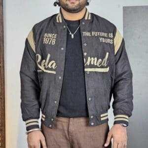 Roadster Casual Mock Collar Embroidered Black Varsity Jacket for Men