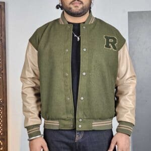 Roadster Casual Mock Collar Olive Green Varsity Jacket for Men