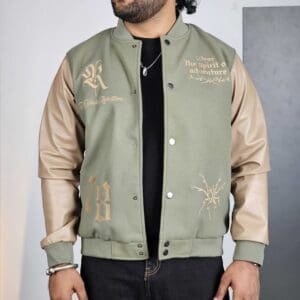 Roadster Casual Mock Collar Embroidered Green & Tan Varsity Jacket for Men