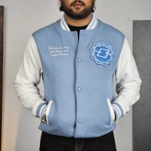 Glitchez Casual Mock Collar White & Blue Varsity Jacket for Men