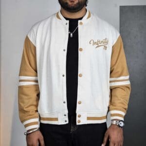 Roadster Casual Mock Collar Embroidered White & Yellow Varsity Jacket for Men