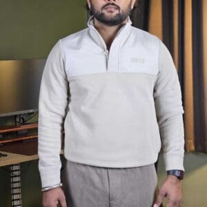 Cantabil Mock Neck Textured Off White Sweatshirt for Men