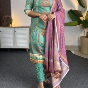 GoSriKi Rayon Viscose Straight Printed Kurta with Pant & Dupatta For Women