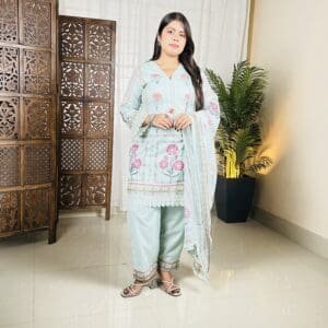 House of Pataudi Floral Printed Cotton Kurta & Trousers With Dupatta For Women