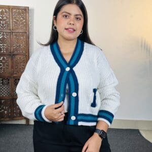 Hubberholme Casual V Neck White & Blue Cardigan for Women