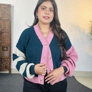 Roadster Casual V Neck Colourblocked Green & Pink Cardigan for Women