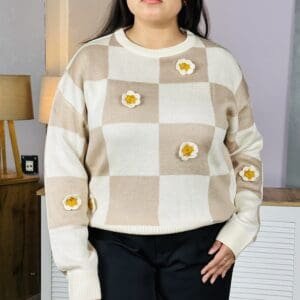 Glitchez Regular Round Neck Colourblocked Beige Pullover for Women