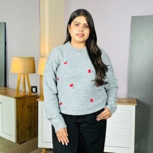 Glitchez Regular Round Neck Embroidered Grey Pullover for Women