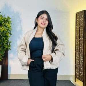 Max Casual Mock Collar Solid Beige Bomber Jacket for Women