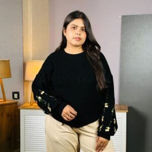 Dressberry Regular Round Neck Floral Embroidered Black Pullover for Women