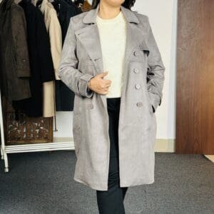 Chemistry Casual Notched Lapel Collar Solid Grey Overcoat for Women