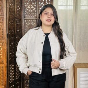 Glitchez Casual Mock Collar Solid Beige Bomber Jacket for Women