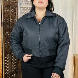 Glitchez Casual Spread Collar Solid Black Bomber Jacket for Women