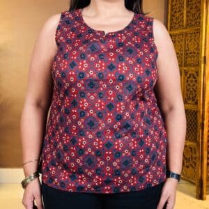 Anouk Casual Round Neck Cotton Ethinic Motifs Maroon & Blue Kurti for Women