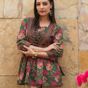 Rain & Rainbow Floral Printed Tie-Ups Peplum Cotton Kurti For Women