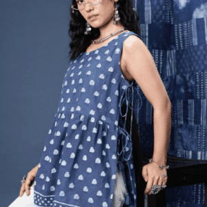 Taavi Indigo Ethnic Motifs Printed Side Tie Ups Short Kurti For Women