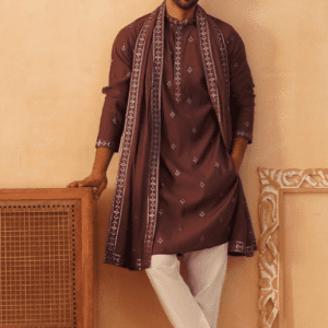 Jompers Embroidered Sequinned Cotton Silk Kurta with Pyjamas & Dupatta For Men