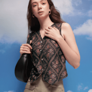 CORISCA Casual V Neck Floral Black Waistcoat Jacket for Women