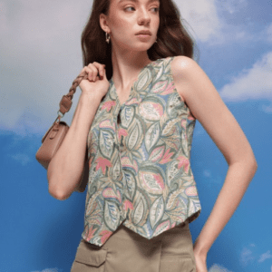 CORISCA Casual V Neck Floral Green Waistcoat Jacket for Women