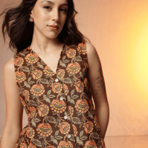 CORISCA Casual V Neck Floral Brown Waistcoat Jacket for Women