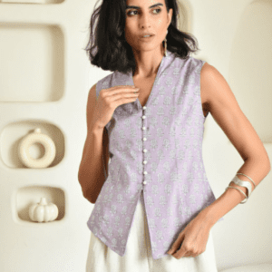 Zenava by Myntra Casual V Neck Floral Lavender Waistcoat Jacket for Women