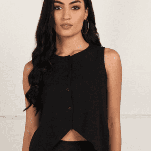 Fashfun Casual Boat Neck Solid Black Waistcoat Jacket for Women