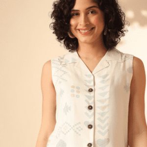 Anouk Casual Polo Collar Geometric Light Green Waistcoat Jacket for Women