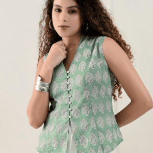 Anouk Casual V Neck Floral Light Green Waistcoat Jacket for Women