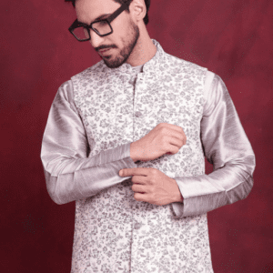 Jompers Mandarin Collar Ethinic Floral Off White Floral Nehru Jacket for Men