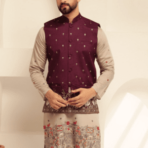 SOJANYA Ethinic Mandarin Collar Maroon Floral & Embroidered Nehru Jacket for Men