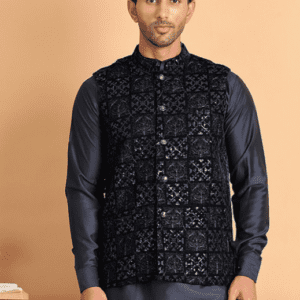 Jompers Ethinic Mandarin Collar Navy Blue Nehru Jacket for Men