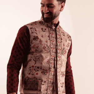 SOJANYA Ethinic Mandarin Collar Maroon & Beige Nehru Jacket for Men
