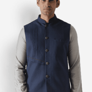 Kisah Ethinic Mandarin Collar Navy Blue Nehru Jacket for Men