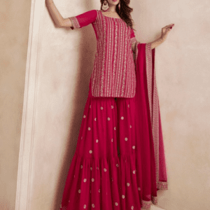 Inddus Magenta Floral Embroidered Straight Kurti & Sharara With Dupatta For Women