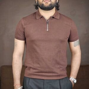 The Souled Store Popcorn: Dark Mocha Collared Neck Solid Zipper Polos For Men