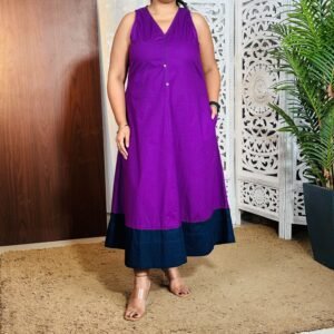 Pink Fort Cotton Handwoven Colourblock Dress For Women