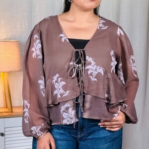 Glitchez Floral Print Tie-Up Puff Sleeve Empire Top For Women