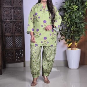 Ethnic Junction Linen Floral Print Kurti With farshi Salwar Set