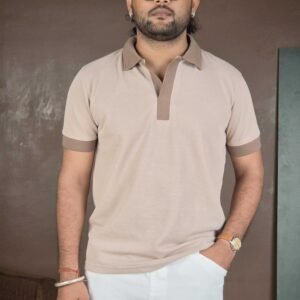 MAX Colorblocked Polo Neck Pure Cotton Beige T-Shirt for Men