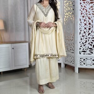 SOURAGYA Mirror Work Silk Crepe Kurta with Sharara & With Dupatta for Women