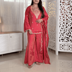 HERE&NOW Embroidered Dupion Silk Kurta with Palazzos & With Dupatta