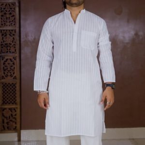 Jompers Striped Mandarin Collar Pure Cotton Straight Kurta for Men