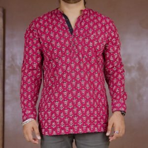 Taavi Bagru Printed Straight Kurta with Roll-Up Sleeves for Men