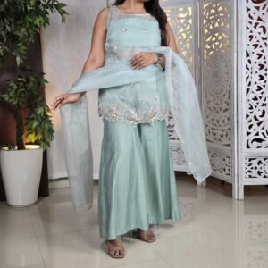 FIORRA Sea Green Crush Organza Straight Kurta Set with Dupatta for Women