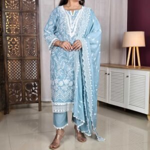 INDO ERA Floral Embroidered Kurta with Trousers & Dupatta for Women
