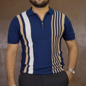 MOHICANS Striped Polo Collar Pure Cotton Zipper Tshirt for Men