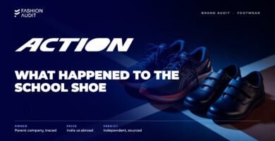 Action Shoes brand audit by FashionAudit: Action Shoes logo over a pair of sporty running shoes and school shoes on a gym floor