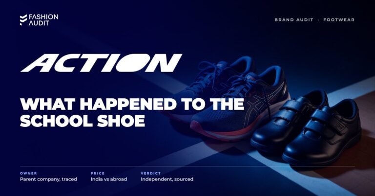 Action Shoes brand audit by FashionAudit: Action Shoes logo over a pair of sporty running shoes and school shoes on a gym floor