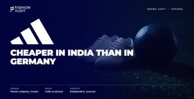 adidas brand audit by FashionAudit: adidas logo over white sneakers and a football on stadium turf